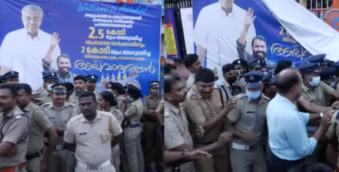 Communists put up hoarding covering saffron flags at Attukal Temple during Pongala festival