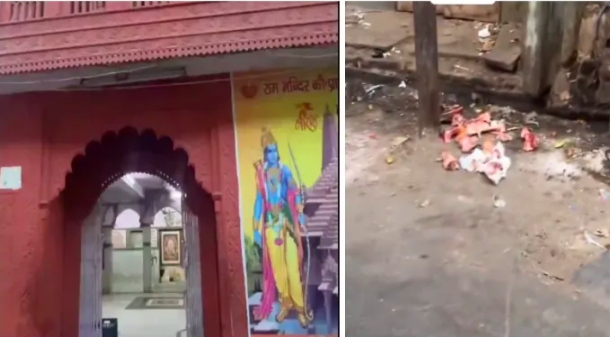 Miscreants on a scooter throw meat in front of Shiv Mandir 