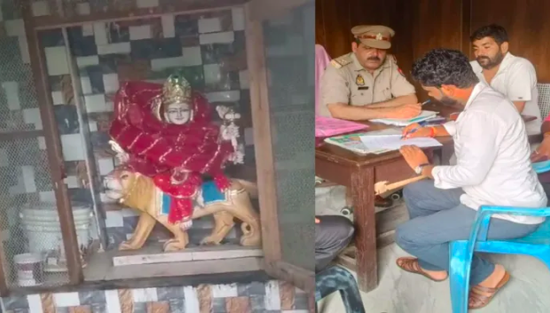 Burqa-clad women throw meat inside Moradabad's Chamunda Mata temple