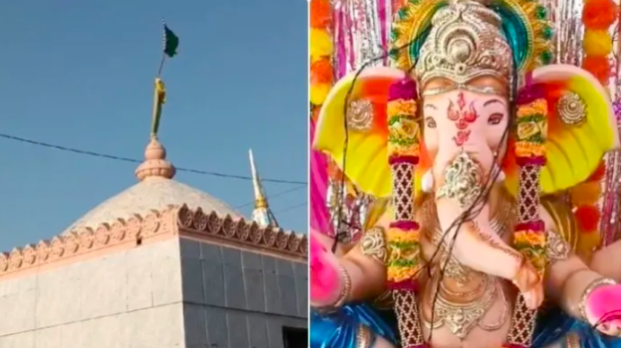Muslim mob, including children, pelts stones at Ganesha mandap, vandalise idol, desecrate temple by hoisting Islamic flag