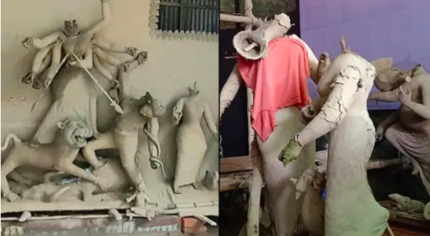 Seven Hindu idols destroyed in Gopinath Jiur Akhara Durga Puja Mandap in Kishoreganj, Bangladesh