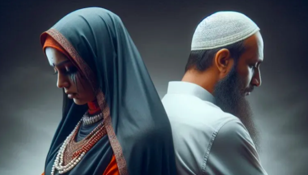 Muslim man pretends to be Hindu and marries woman in temple, forces her to convert and remarry; attempts to sacrifice minor son in black magic 