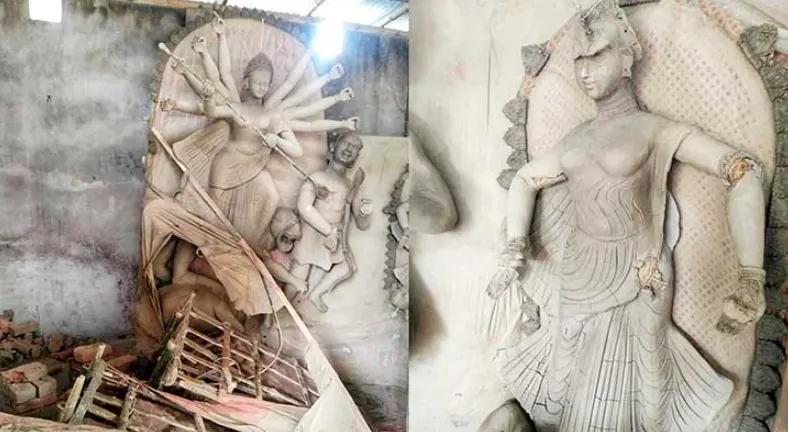 Idols of Goddess Durga vandalised at Hindu temple in Mirapara Bazar, Bangladesh, just before Durga Puja