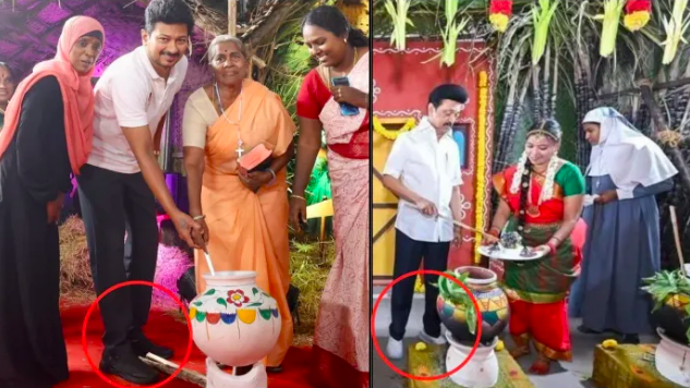 Tamil Nadu political leaders mock Hindu traditions, cook and serve Pongal prasadam wearing shoes