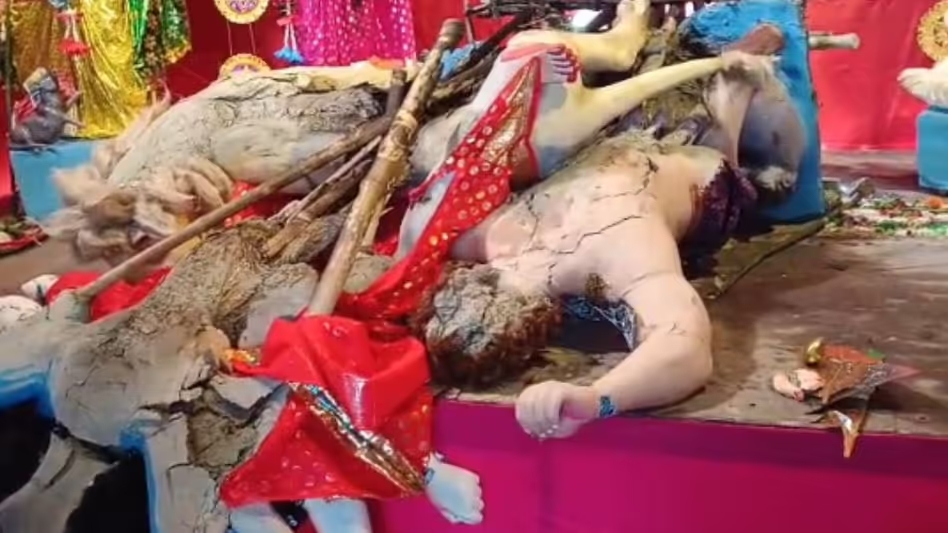 Hindu Puja pandal set on fire, idols of the Puja burnt and damaged