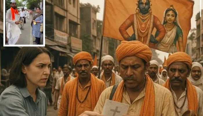 Hindus participating in religious procession targeted for conversion; Christian woman hands out de-addiction pamphlet praising Jesus Christ