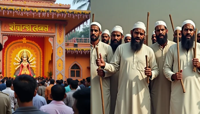 Durga Puja celebration disrupted: Muslims forcibly stop bhajans on loudspeakers in Durga pandal near mosque