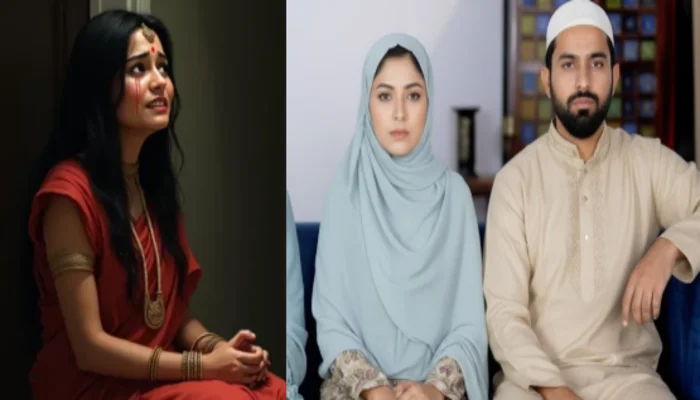 Hindu woman and her mother coerced and assaulted for religious conversion by Muslim family; perpetrators denigrated Hinduism and tried to force the victim into marriage