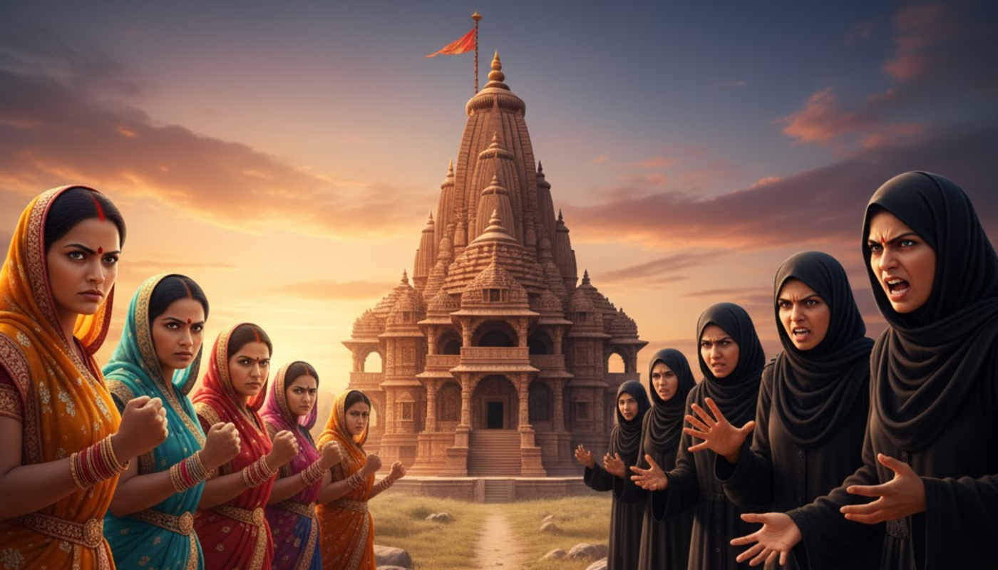 Hindu religious flag placed at Kali temple torn by Muslim women, Hindu women attacked for opposing