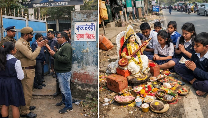 Hindu students barred from performing Saraswati Puja in a Muslim majority school in West Bengal; forced to pray on roadside