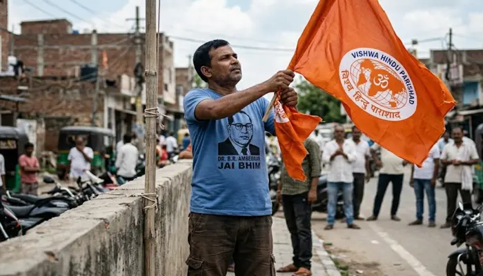Hindu religious symbol targeted; miscreants removed and replaced Hindu flag with that of Bhim Army