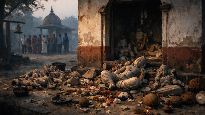 Hindu religious idols vandalised after forced entry into temple, multiple sacred symbols desecrated inside sanctum during early hours