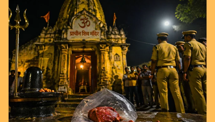 Ancient Hindu temple desecrated; religious sanctity and customs violated through deliberate act of throwing meat by Muslim woman