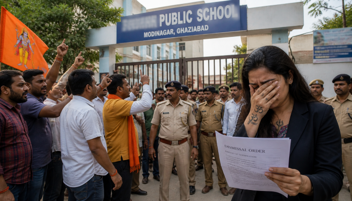 Hindu teacher pressured to convert and remove her religious symbols at Christian missionary school; dismissed after refusal, her son also expelled