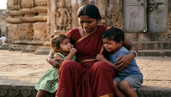 Hindu woman, along with her two minor children, pressured for religious conversion by her Christian husband; subjected to assault upon refusal