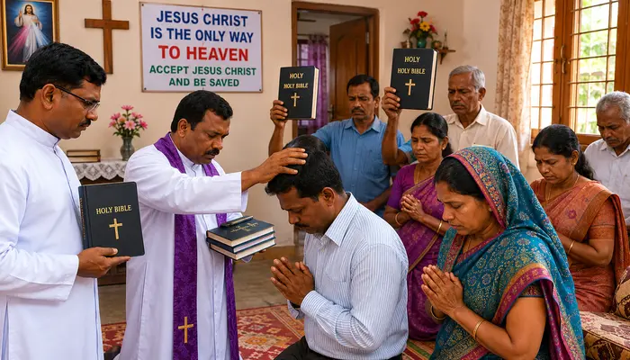 Hindu residents, including children, lured to prayer meeting and offered inducements for religious conversion by Christian father-son duo