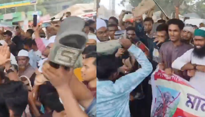 Lord Ram's image struck with shoes and sandals by Muslims opposing Ram idol construction in Bangladesh