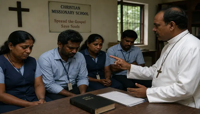 Hindu employees at Christian missionary school pressured to convert and attend church prayers; dismissed from their jobs after refusing