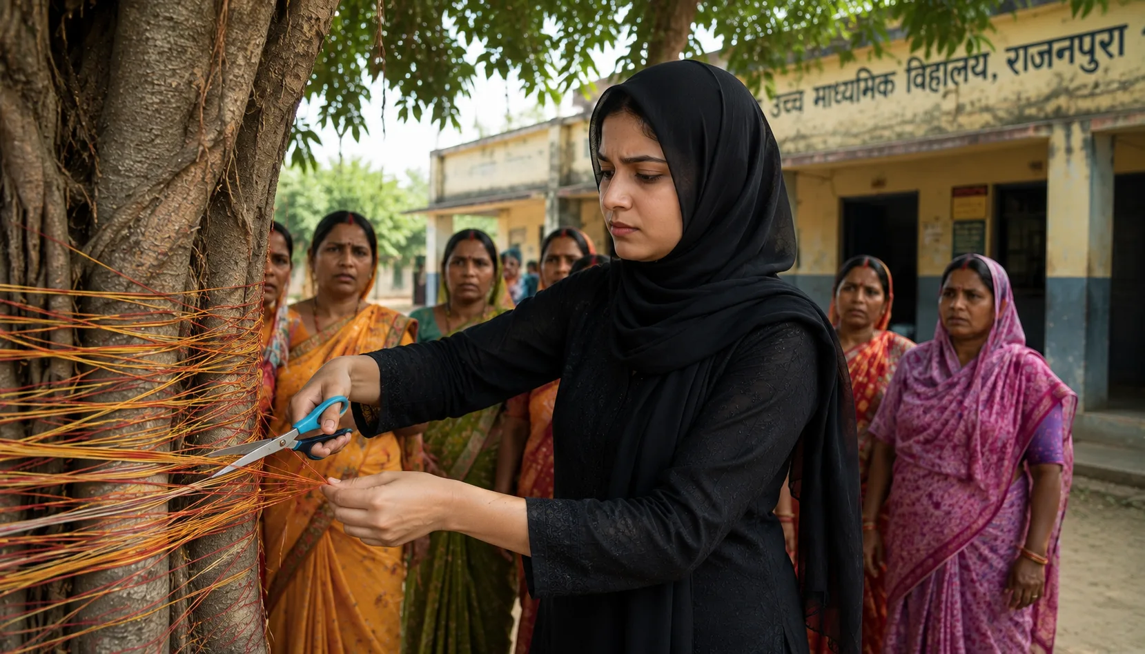 Hindu religious symbols defilled; Muslim teacher cuts of religious thread tied around a tree during Vat Savitri Puja in Siwan, Bihar