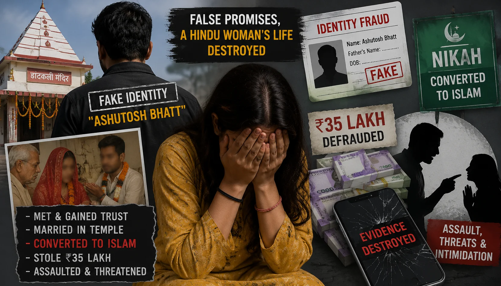 Hindu woman duped into temple marriage by married Muslim man impersonating a Hindu; coerced into converting to Islam and solemnising nikah after his true identity emerged