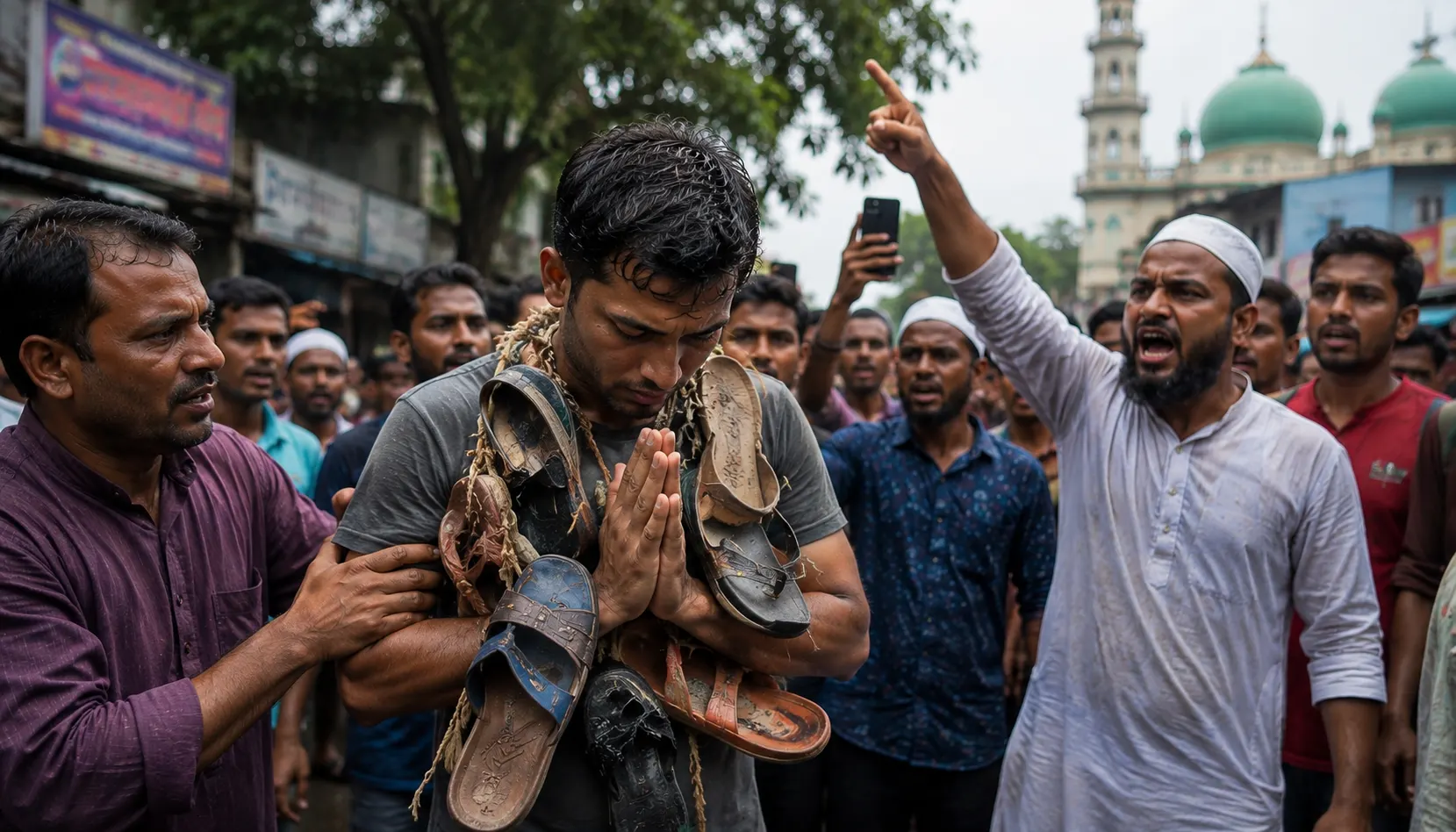 Hindu youth publicly humiliated and forced to wear garland of shoes by Muslim mob over false allegation of blasphemy in Bangladesh