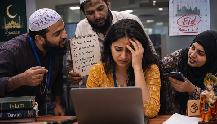 Hindu employee subjected to sustained harassment by Muslim colleague to convert to Islam; pressured to recite Kalma, eat meat and participate in Islamic practices