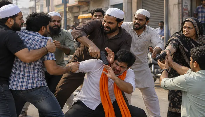 Hindu men assaulted and subjected to casteist slurs by Muslim mob for being associated with a Hindu organisation