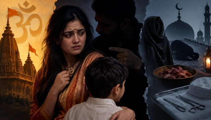 Hindu woman pressured to convert to Islam, wear hijab, perform namaz, observe roza and consume meat by Muslim man; son pressured to undergo circumcision