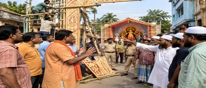 Hindu community faces obstruction over welcoming gate construction for Durga Puja mandap in Ashoknagar, West Bengal