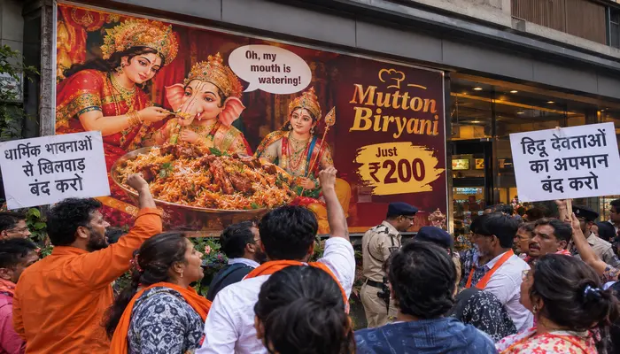 Hindu sentiments outraged; derogatory poster depicting Goddess Durga feeding mutton biryani to Lord Ganesha placed in Kolkata, West Bengal