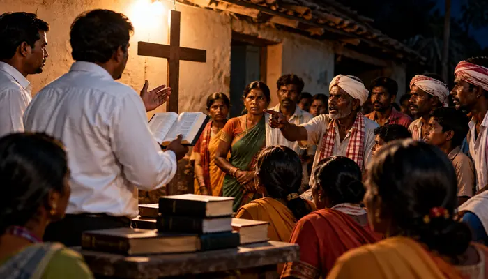 Tribal Hindu villagers pressured to convert to Christianity by Christian missionaries, abused and threatened during a prayer meeting
