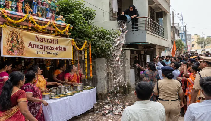 Navratri celebrations desecrated; Muslim woman dumps fish waste at annaprasadam event outside Hindu temple in Hyderabad