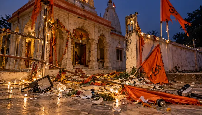 Religious decorations, saffron flags and lights placed around temple vandalised by unknown miscreants in Siwan, Bihar