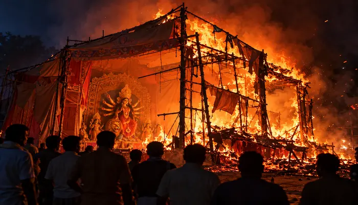 Durga Pandal set ablaze by unknown miscreants amid sacred festival of Navratri in Jamtara, Jharkhand