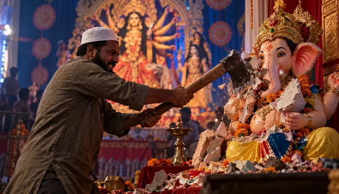 Idol of revered Hindu deity desecrated with axe by Muslim man during Durga Puja in Naogaon, Bangladesh