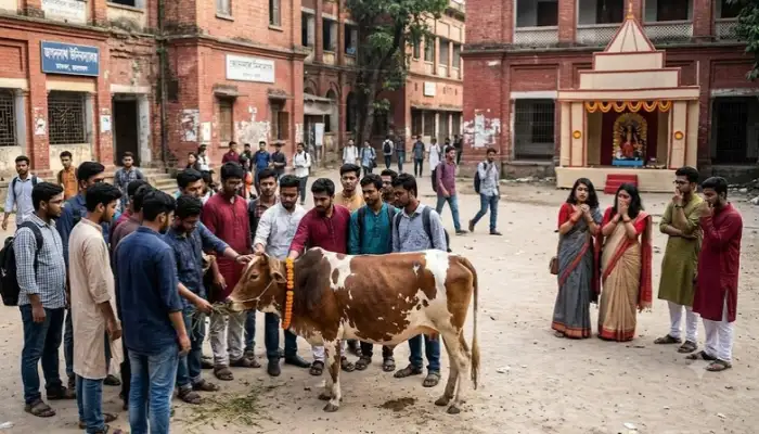 Hindus sentiments outraged as Muslim students slaughter cow at Jagannath University during Durga Puja, in Dhaka, Bangladesh