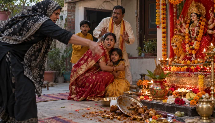 Hindu Navratri Puja disrupted as woman throws non-vegetarian food at ritual, abuses Hindus and threatens them with death for objecting