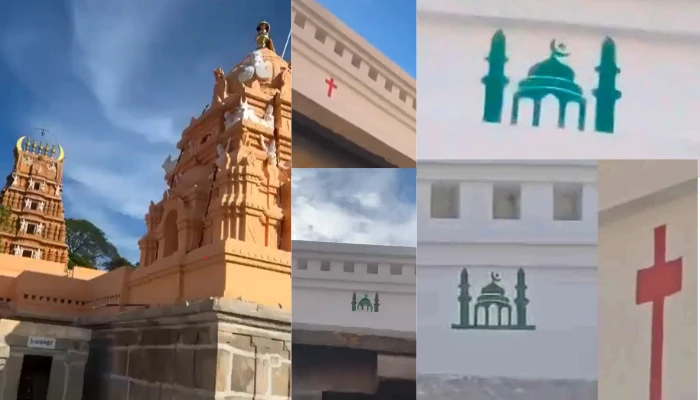 Historic Hindu Arkeshwara temple defiled; Christian crucifix and mosque symbol painted on temple wall in Mysuru, Karnataka