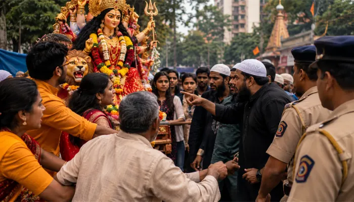 Hindu diety Maa Durga's idol immersion procession obstructed and devotees assaulted by Muslims in Kandivali East, Mumbai