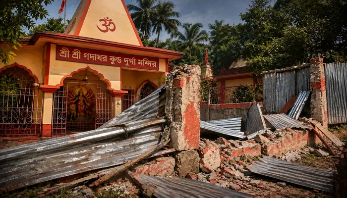 Hindu temple land encroached, boundary wall demolished and temple committee members threatened amid dispute with Muslim man in Noakhali, Bangladesh