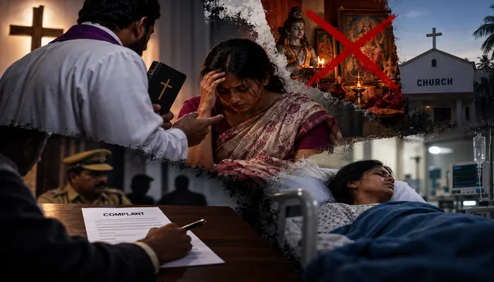 Hindu woman and minor son pressured to convert to Christianity through promises of healing and inducements; woman held captive and sexually abused