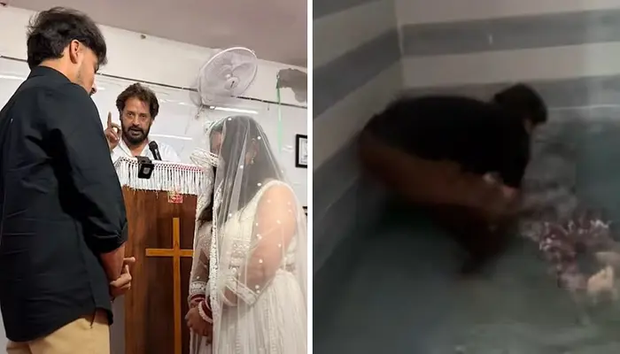 Hindu woman deceived into marriage and forced to convert by Christian man hiding his religious identity; Hindu deities insulted during baptism ceremony