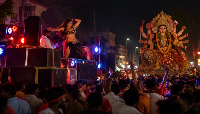 Navratri celebrations desecrated by obscene songs and dance performances during Durga idol immersion procession in Bihar