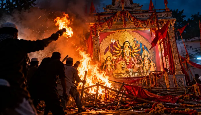 Goddess Durga mandap targeted in attempted arson by Muslim mob ahead of Durga Puja immersion in Muslim-majority village in West Bengal