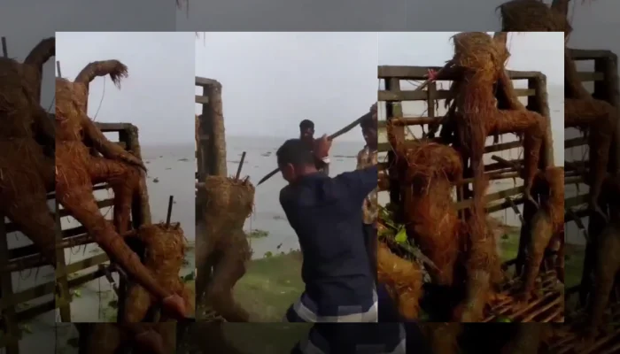Anti-Hindu hatred on display: Muslim men thrash Durga Puja idols with sticks in Bangladesh