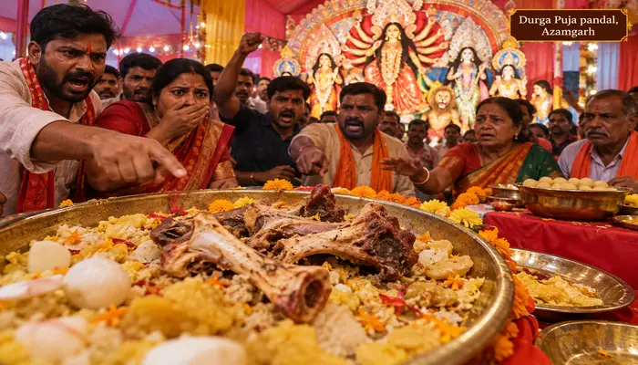 Navratri celebrations disrupted; animal bone thrown into prasad at Durga Puja pandal in Azamgarh, Uttar Pradesh